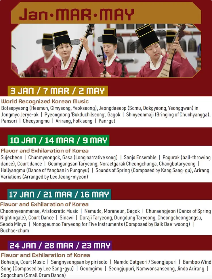 Show schedule of Saturday Gugak Concert in January, March, and May at National Gugak Center in Seoul