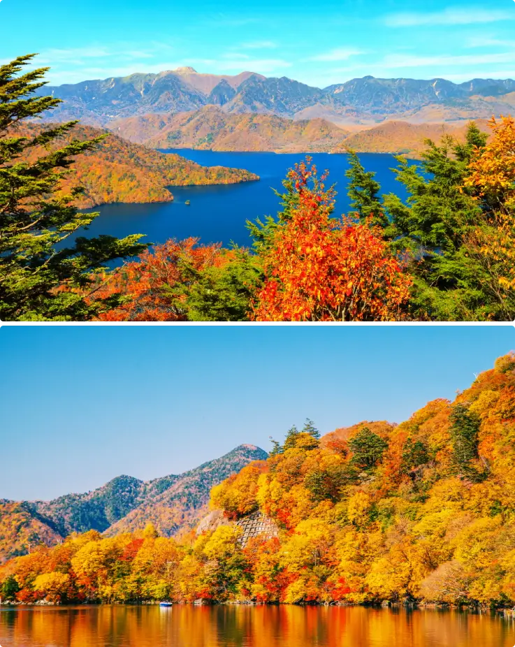 View of Chuzenji Lake with calm waters and surrounding mountains