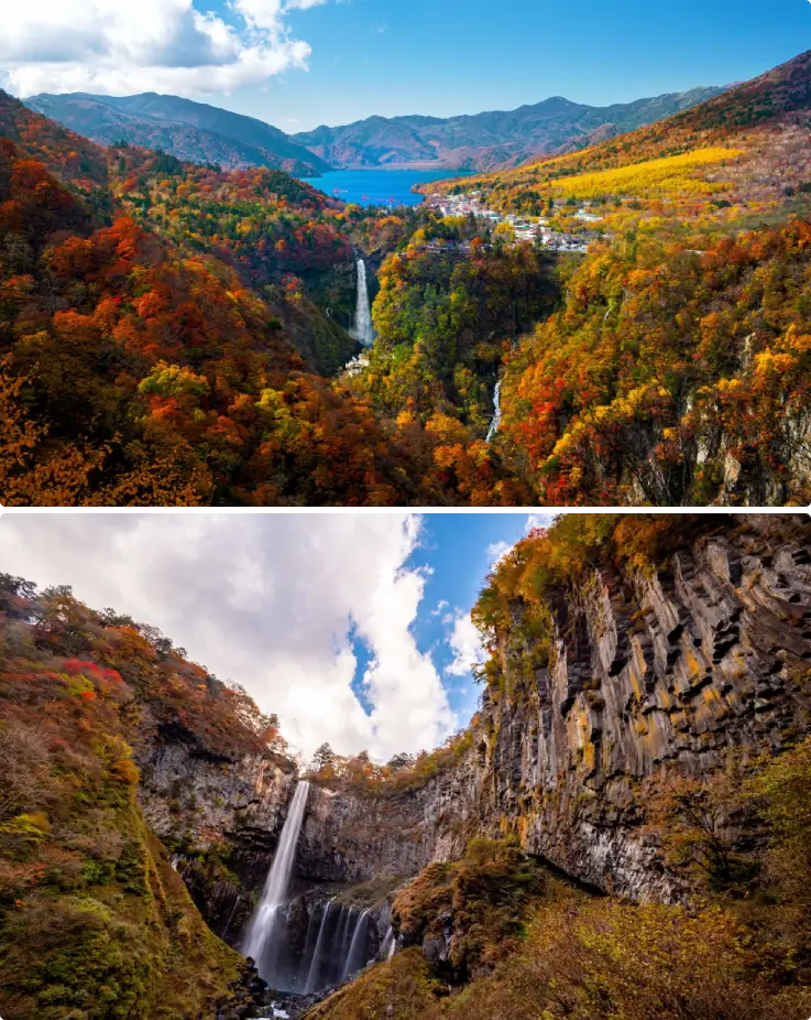Kegon Waterfall in Nikko plunging down a rocky cliff surrounded by autumn foliage