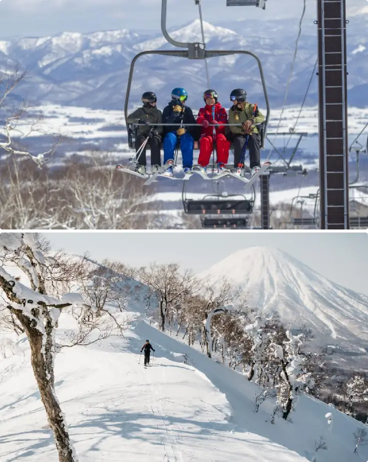 Skiers and snowboarders enjoying modern lift facilities and powder snow in Niseko