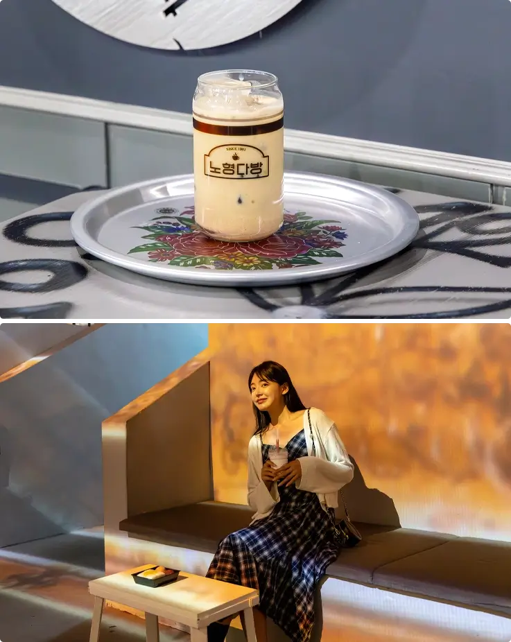 Drinks and dessert at a cafe in Nohyung Supermarket