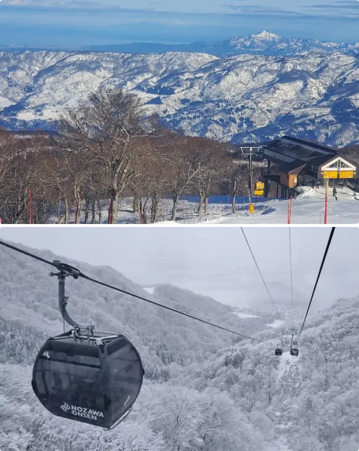 Wide view of snowy slopes at Nozawa Onsen Snow Resort, Nagano.