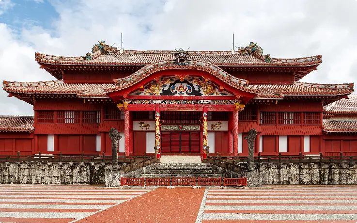 Shurijo Castle with its distinctive red Ryukyu architecture in Okinawa.