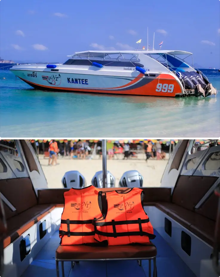Speedboat on top and life vests inside the speedboat on the bottom