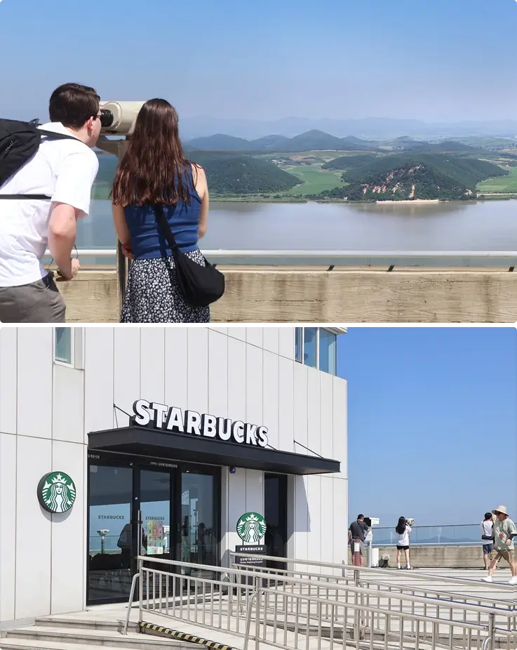 Visitor looking through binoculars at the Aegibong Peace Ecopark observatory on top, Starbucks on the bottom.