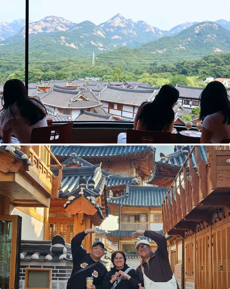 Hanok views from a cafe on top, visitors taking photos with hanok backdrop at Eunpyeong Hanok Village