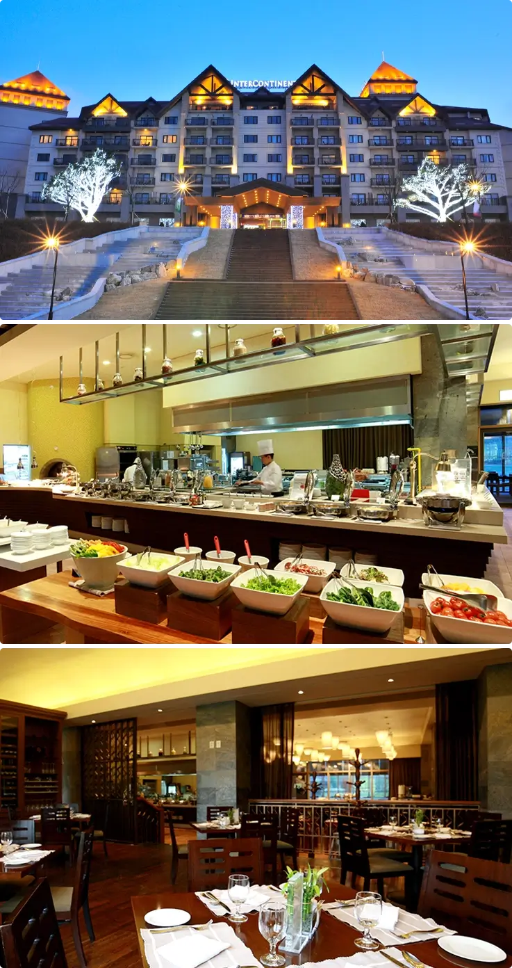 Exterior of InterContinental Alpensia Pyeongchang Resort on top, breakfast area at the resort on the bottom