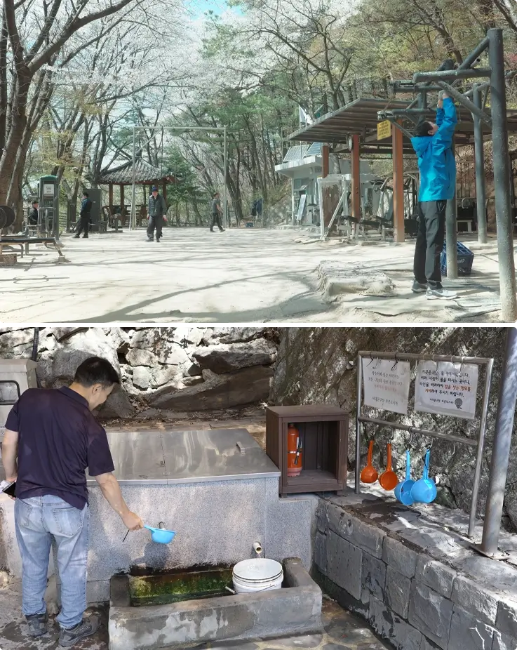 Outdoor gym area and yaksuteo (mineral spring) spot at Ansan Mountain