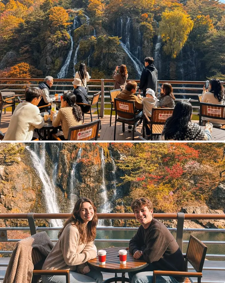 Visitors at Cafe Pokpo with a waterfall in the background.