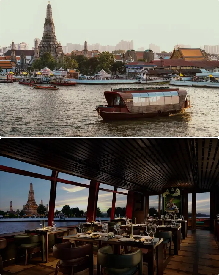 Apsara Dinner Cruise sailing along the Chao Phraya River near Wat Arun on the top, with the cruise interior shown on the bottom.
