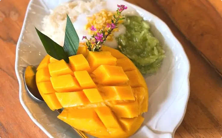 Mango sticky rice made at Baan Farm Thai Cooking School