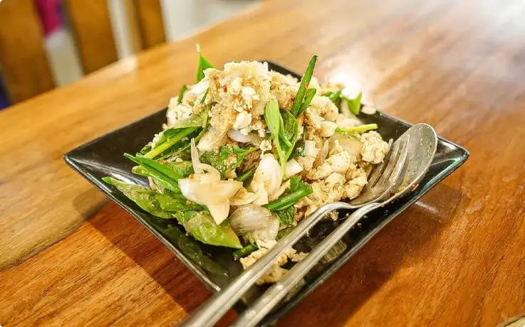 Spicy chicken salad made at Baan Farm Thai Cooking School