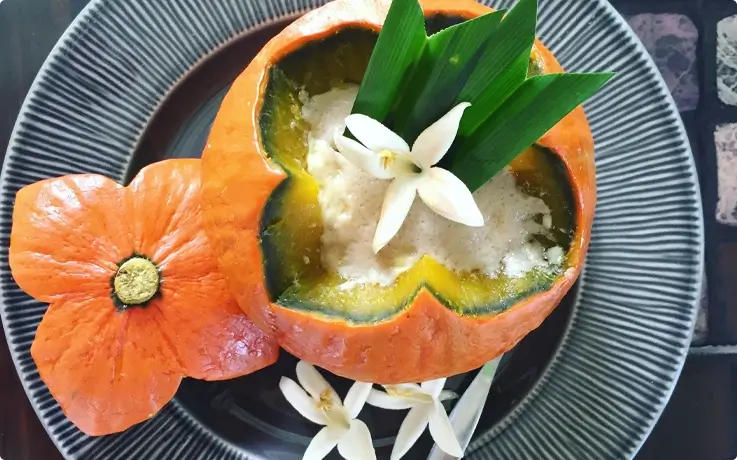 Pumpkin in coconut milk made at Baan Farm Thai Cooking School