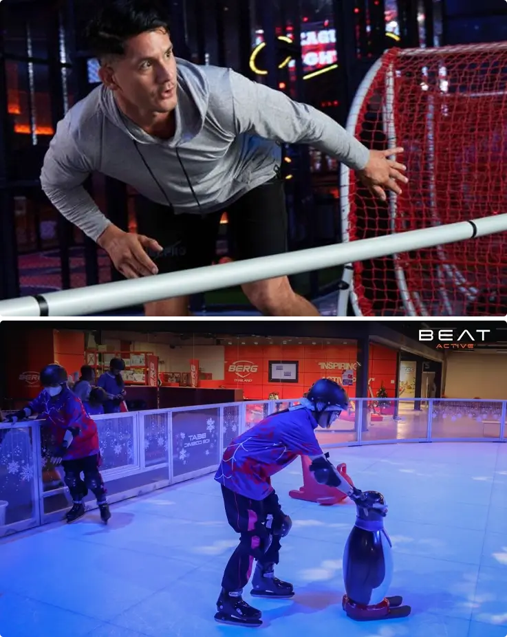 Visitors enjoying activities on top ice skating on the bottom at Beat Active Indoor Sports Arena in Bangkok