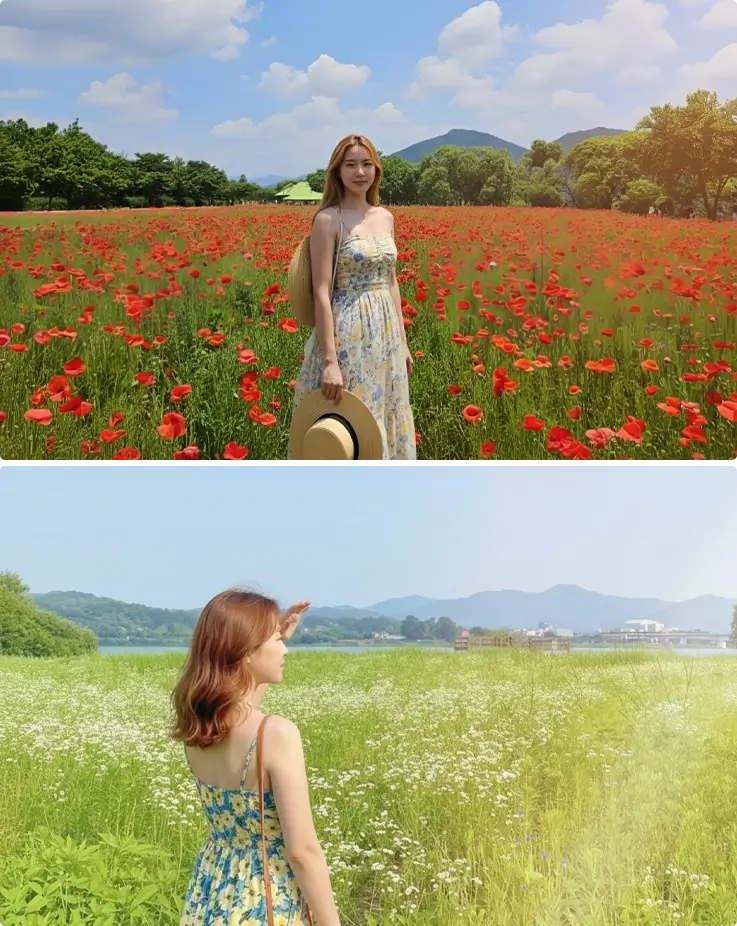 Visitors taking photos with seasonal flowers at the Water Garden in Namyangju