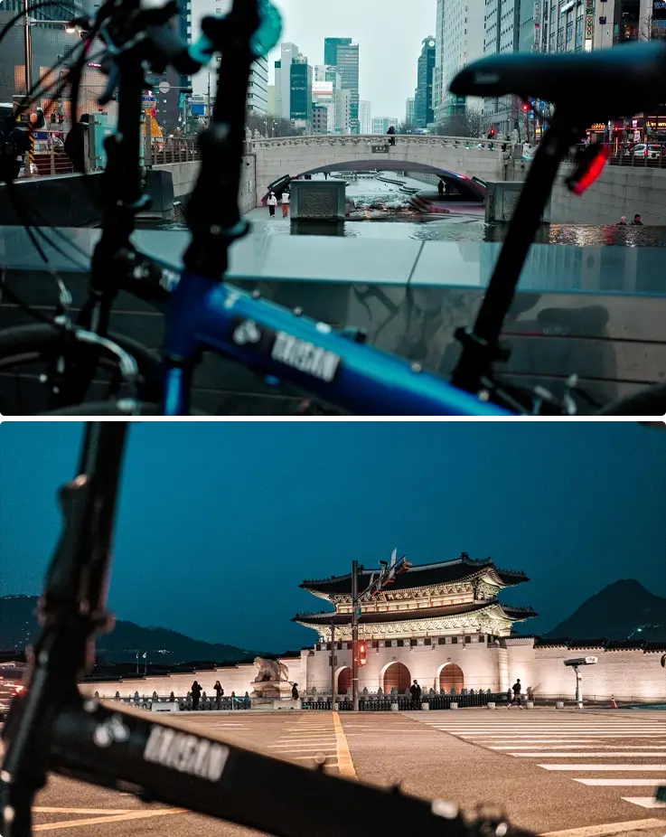 Cheongyecheon stream on top and illuminated views of Gyeongbokgung palace on the bottom