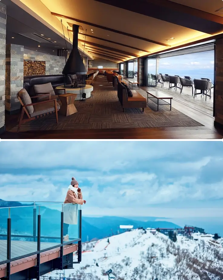 Interior of Biwako Terrace cafe on top with a visitor enjoying the views from the terrace below