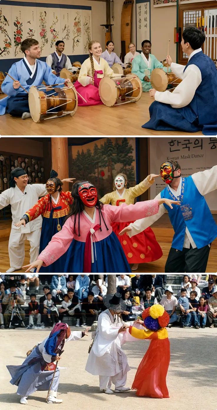 Visitors experiencing Korean Drum and Mask Dance in Busan