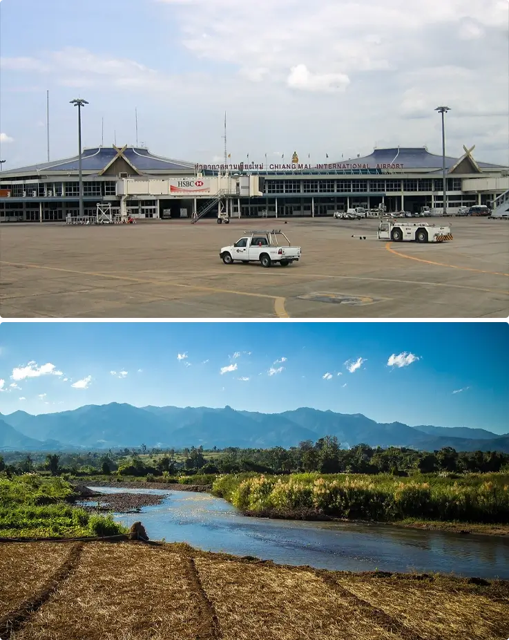 Chiang Mai International Airport at the top, Pai city at the bottom