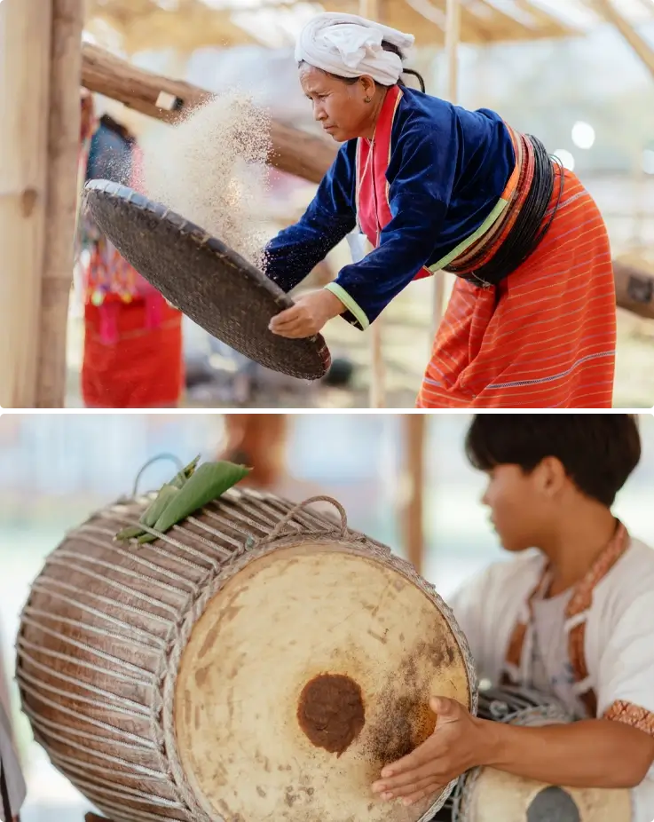 Local staff preparing rice for crafts on the top and a staff member playing the drum on the bottom at Chiang Mai CAD New Year Countdown 2026