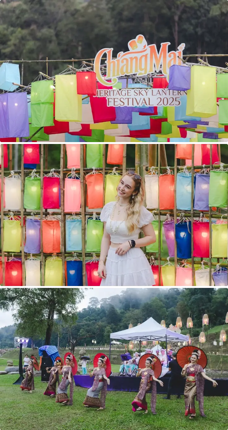 Chiang Mai Heritage Sky Lantern Festival sign at the top, visitors taking photos at the illuminated lantern tunnel in the middle, and a traditional Thai dance performance with live music at the bottom