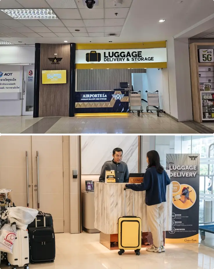 Airportels counter at Chiang Mai International airport on top, visitor dropping off the luggage at the hotel concierge on the bottom