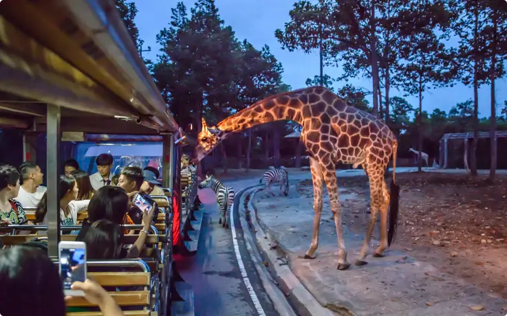 Guest riding the tram with a giraffe encounter at Chiang Mai Night Safari