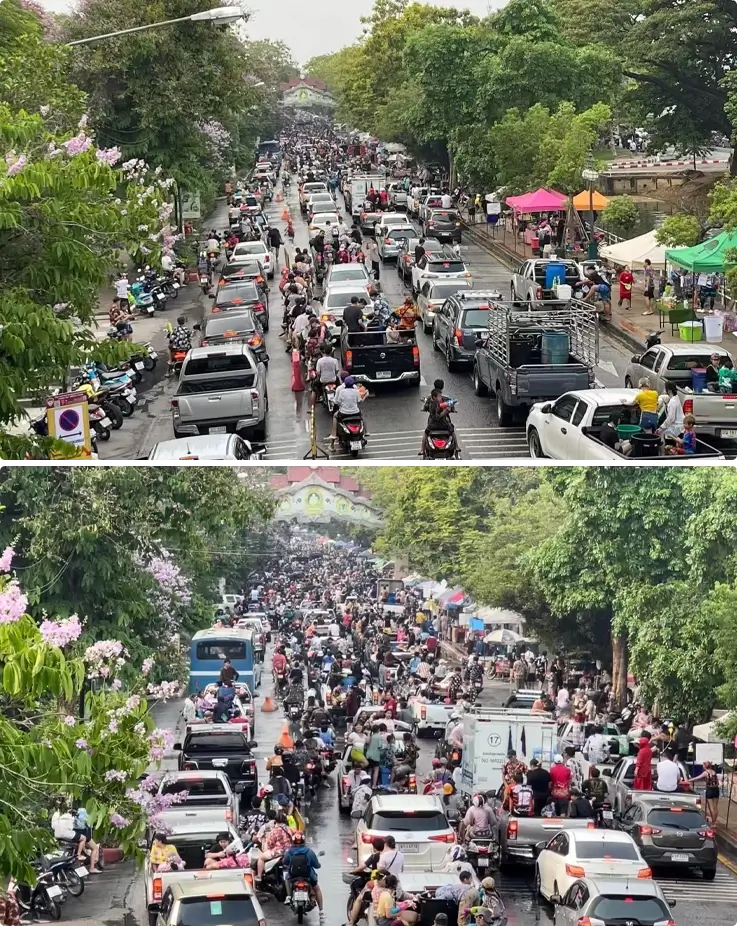 Chiang Mai street filled with people enjoying Songkran Festival