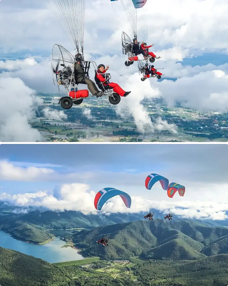 Visitors gliding through the Chiang Mai sky on a Flying Bird paramotor