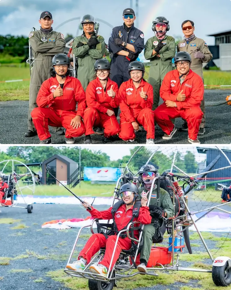 Visitors taking photos with the pilot at Flying Bird Paramotor in Chiang Mai
