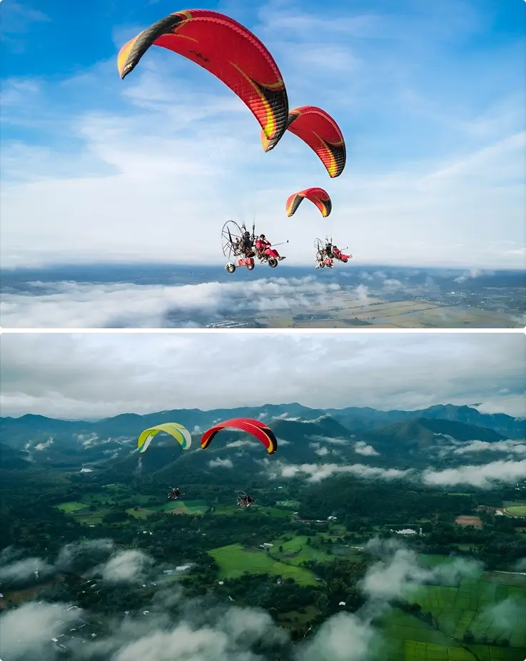 Visitors gliding through the Chiang Mai sky on a Flying Bird paramotor