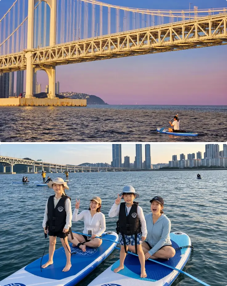 Visitors enjoying sunset paddleboarding at Gwangalli Beach