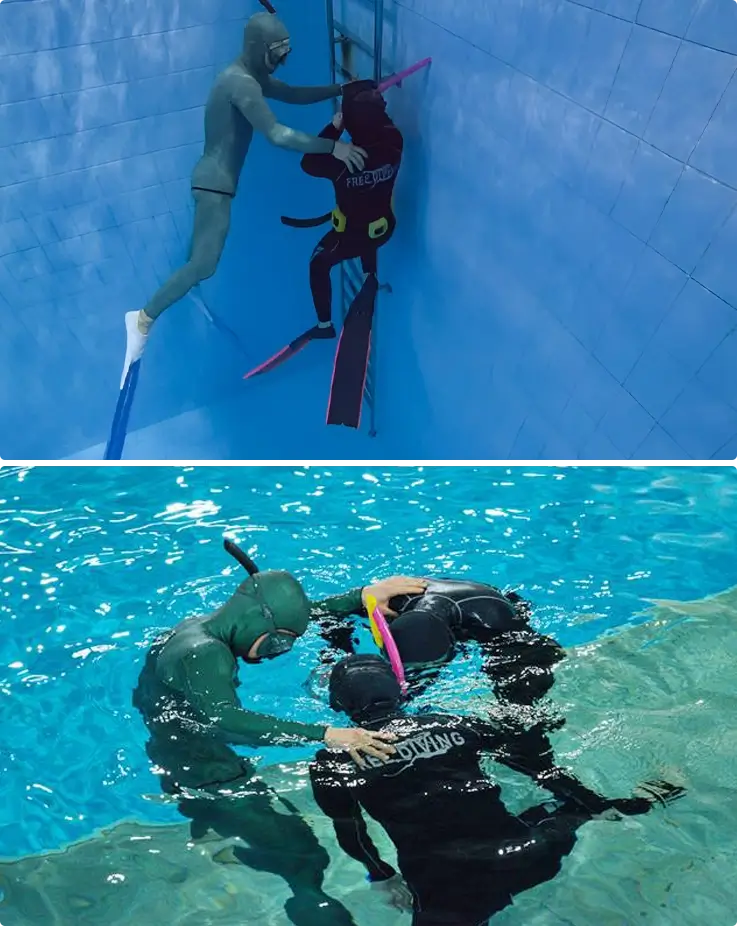 Visitor learning how to freedive at a class in Daegu