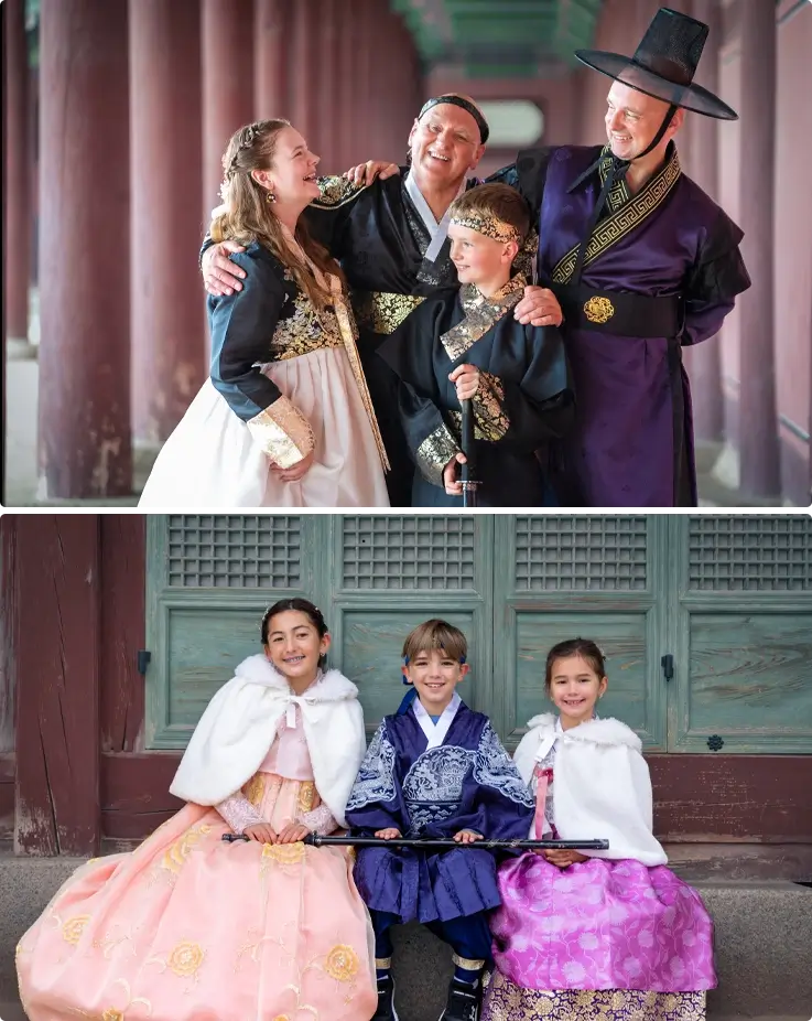 A family wearing Hanbok from Daehan Hanbok on top and kids in Hanbok at Gyeongbokgung Palace on the bottom