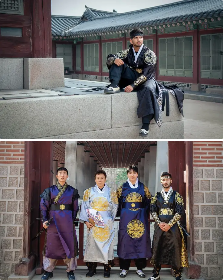 Visitors wearing men's Hanbok from Daehan Hanbok at Gyeongbokgung Palace