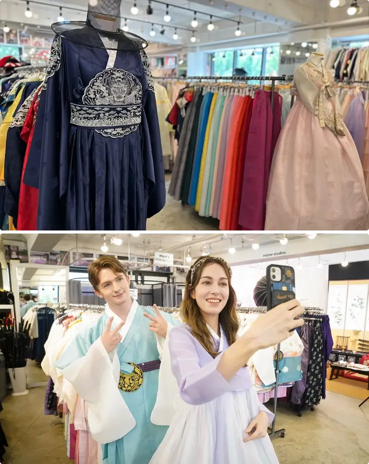 Diverse Hanboks displayed at Daehan Hanbok shop on top, and a couple posing in Hanboks on the bottom