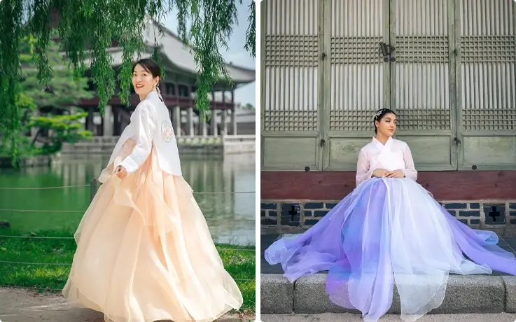 Visitors wearing premium Hanbok from Daehan Hanbok at Gyeongbokgung Palace
