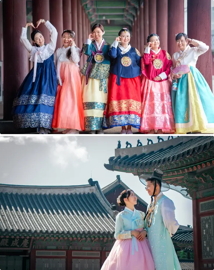 A group of friends wearing Hanbok from Daehan Hanbok on top and a couple in Hanbok at Gyeongbokgung Palace on the bottom