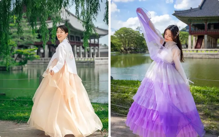 Visitors wearing premium Hanbok from Daehan Hanbok at Gyeongbokgung Palace