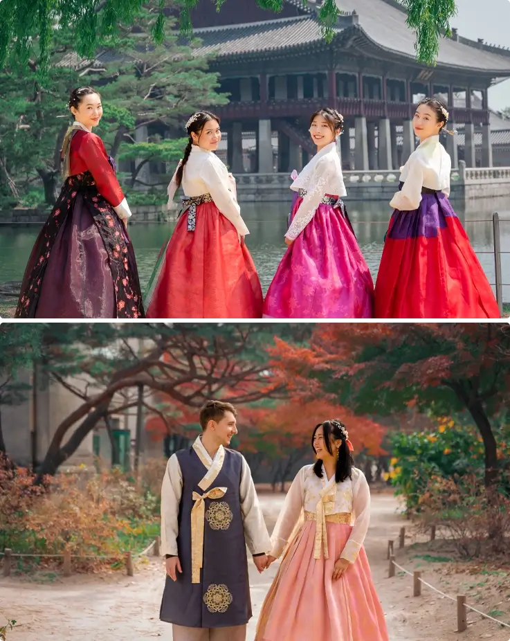 A group of friends wearing traditional or fusion Hanbok from Daehan Hanbok on top and a couple in Hanbok at Gyeongbokgung Palace on the bottom