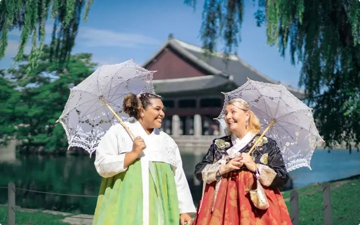 Visitors wearing plus size Hanbok from Daehan Hanbok at Gyeongbokgung Palace