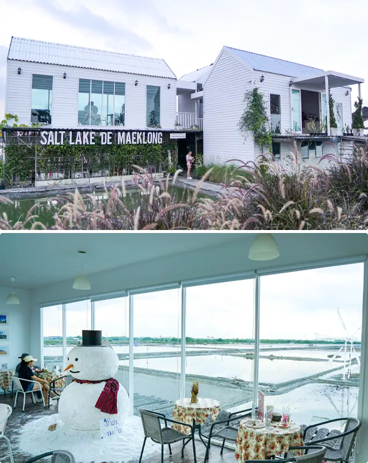 Entrance of Salt Lake De Maeklong Cafe at the top, with a snowman made of salt and views of salt mountains and wind turbines at the bottom.