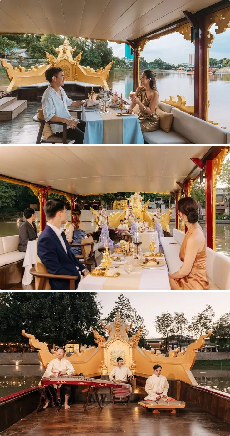 Visitors enjoying The Dibba Yana Chitta cruise in Chiang Mai with onboard music and dance performances.