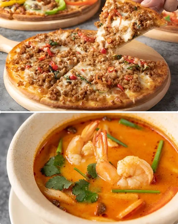 Pizza and tom yum goong served at Dino Kitchen in Phuket Dino Park