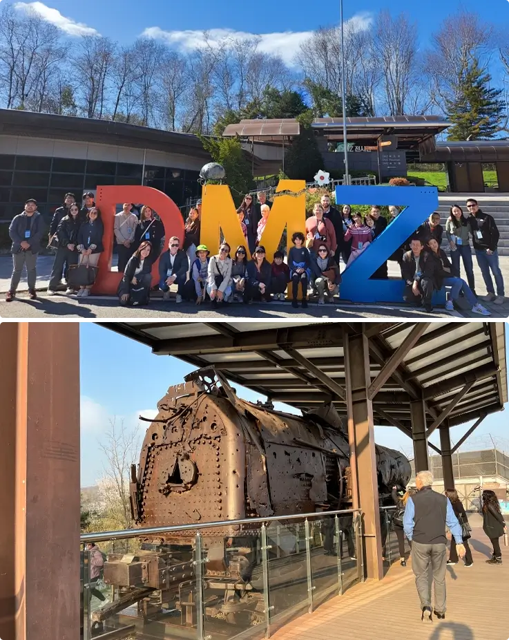 Visitors taking photos at the DMZ sign on top, steam locomotive on the bottom at Imjingak Park