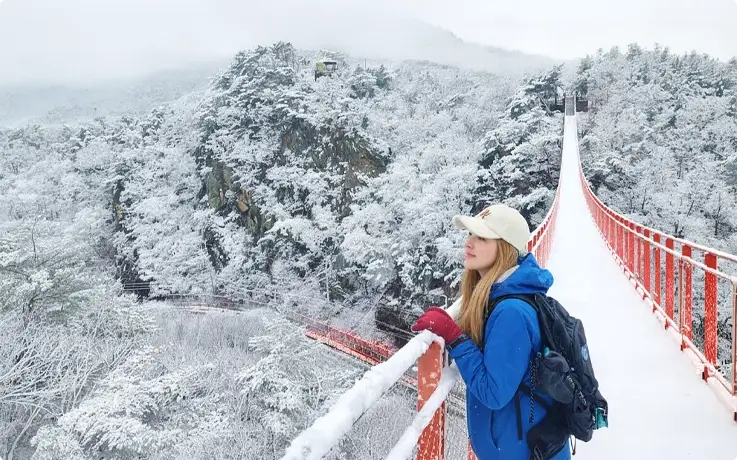 Visitor at Gamaksan Suspension Bridge in DMZ covered in snow