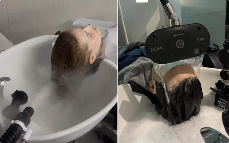 A visitor receiving an 18-step scalp treatment at Eco Jardin Hair Salon in Myeongdong