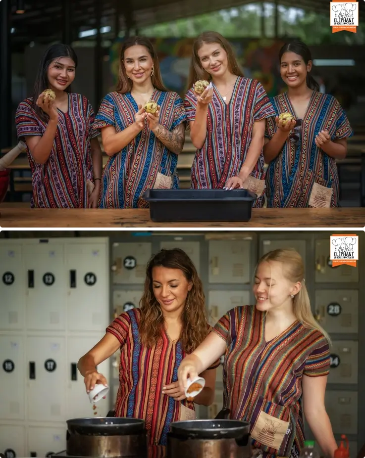 Visitors preparing food for the elephants at Elephant Jungle Sanctuary in Phuket