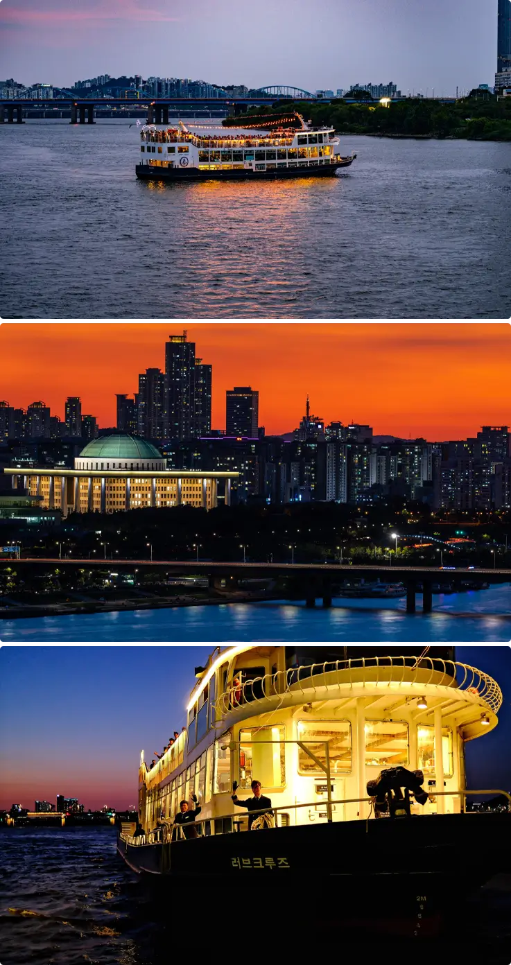 Sunset views over Yeouido Hangang River with visitors on the E-land Sunset Cruise
