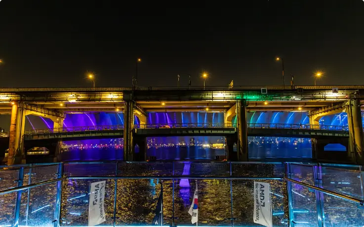 Moonlight Music Cruise passing by the Banpo Bridge Rainbow Fountain